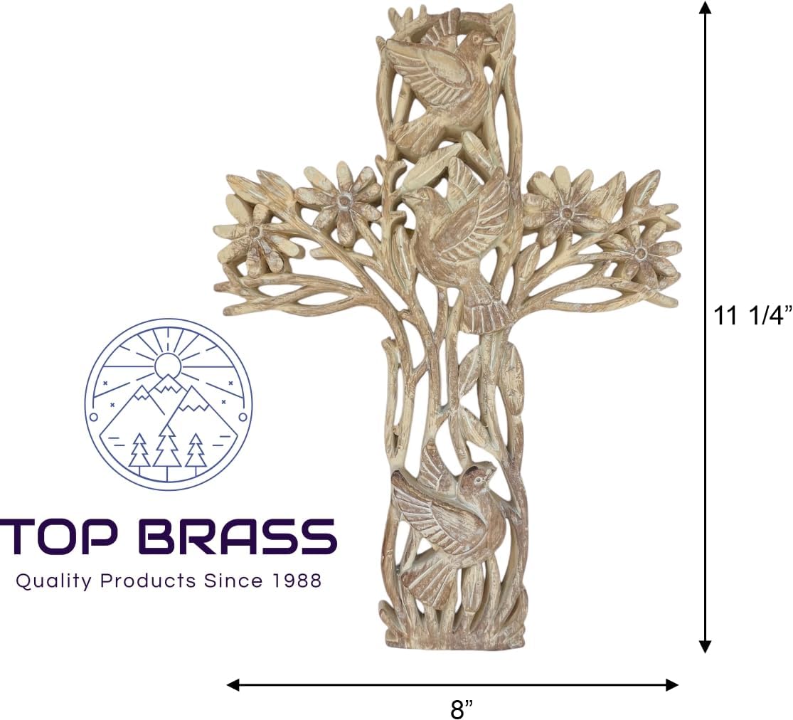 Top Brass Garden of Life Decorative Wall Cross – Rustic Carved Wood Look – Flowers and Doves Spiritual Jesus Art