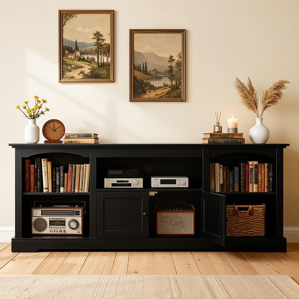 LUCKLIFE 71" TV Stand for TVs up to 80 Inch,Modern Farmhouse Entertainment Center with Arched Cabinet Doors & Open Adjustable Storage Shelves,Media Console Table for Living Room (Black, 71 inch)
