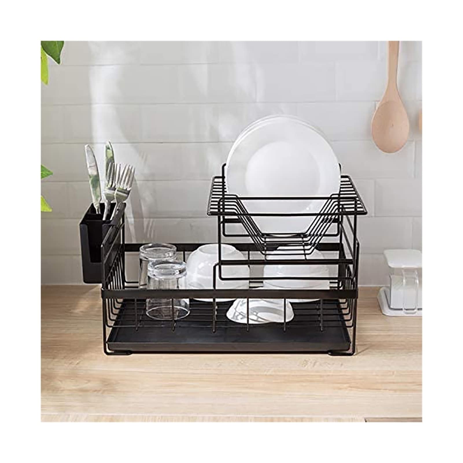 Yongyong Bai Shi Wu Tableware with Drain Board Drainer Kitchen Countertop Tableware Storage Box Household Black and White 2 Layers (Color : Black, Size : 2-Tier)