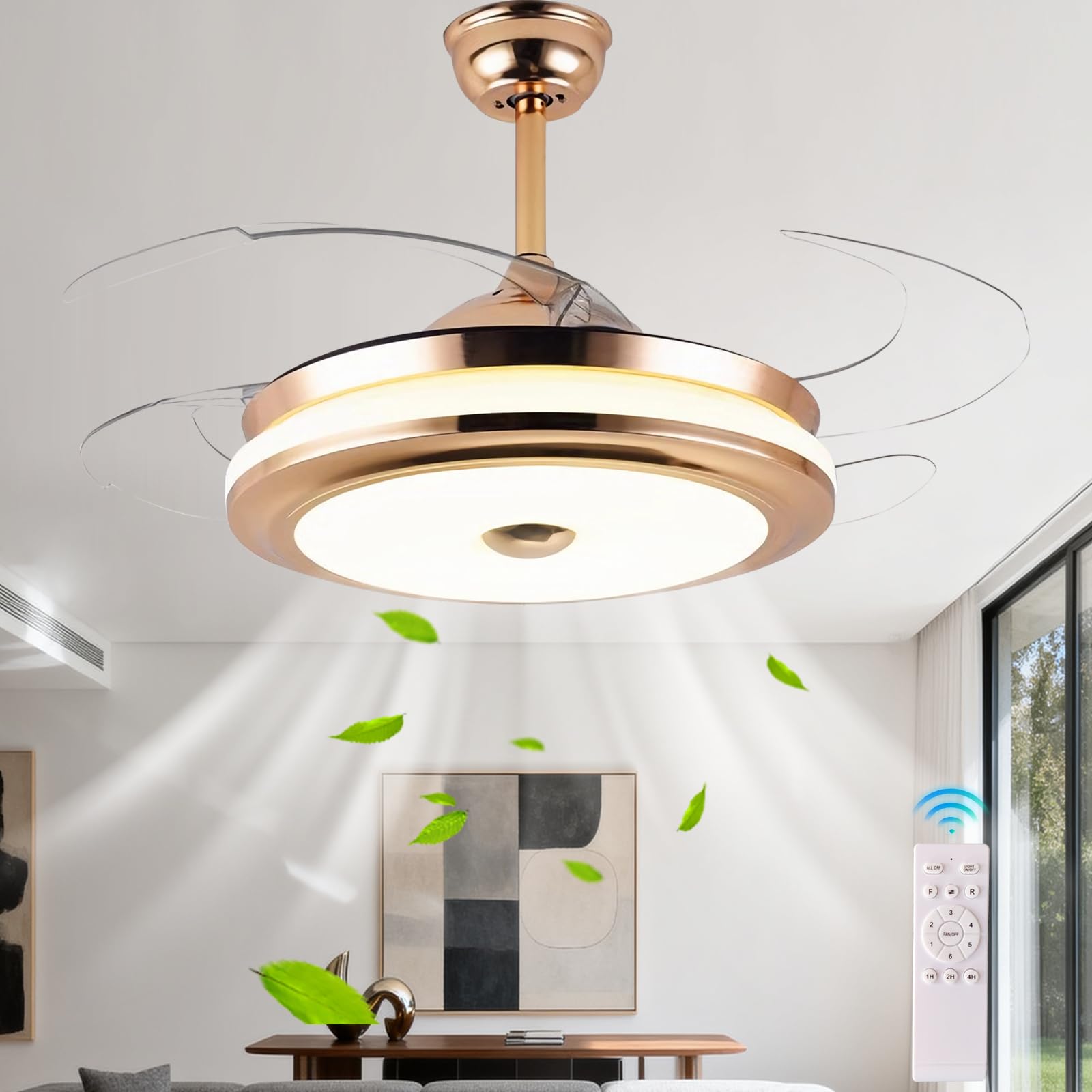HXYSXHJUO Retractable Invisible Ceiling Fan with Lights, Gold Bladeless Remote, Dimmable LED Quiet Reversible Light for Bedroom Living Room Indoor