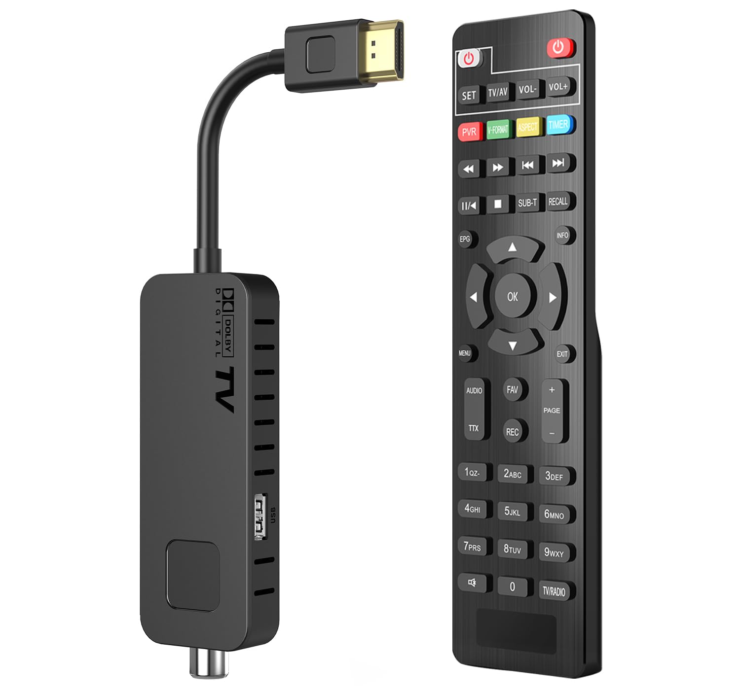 Dcolor DVB-T2 Digitaler terrestrischer Decoder - HDMI TV Stick, Dolby Audio HD 1080P H265 HEVC Main 10 Bit, Unterstützung USB WiFi/Multimedia/PVR [Inklusive 2in1 Universal-Fernbedienung]