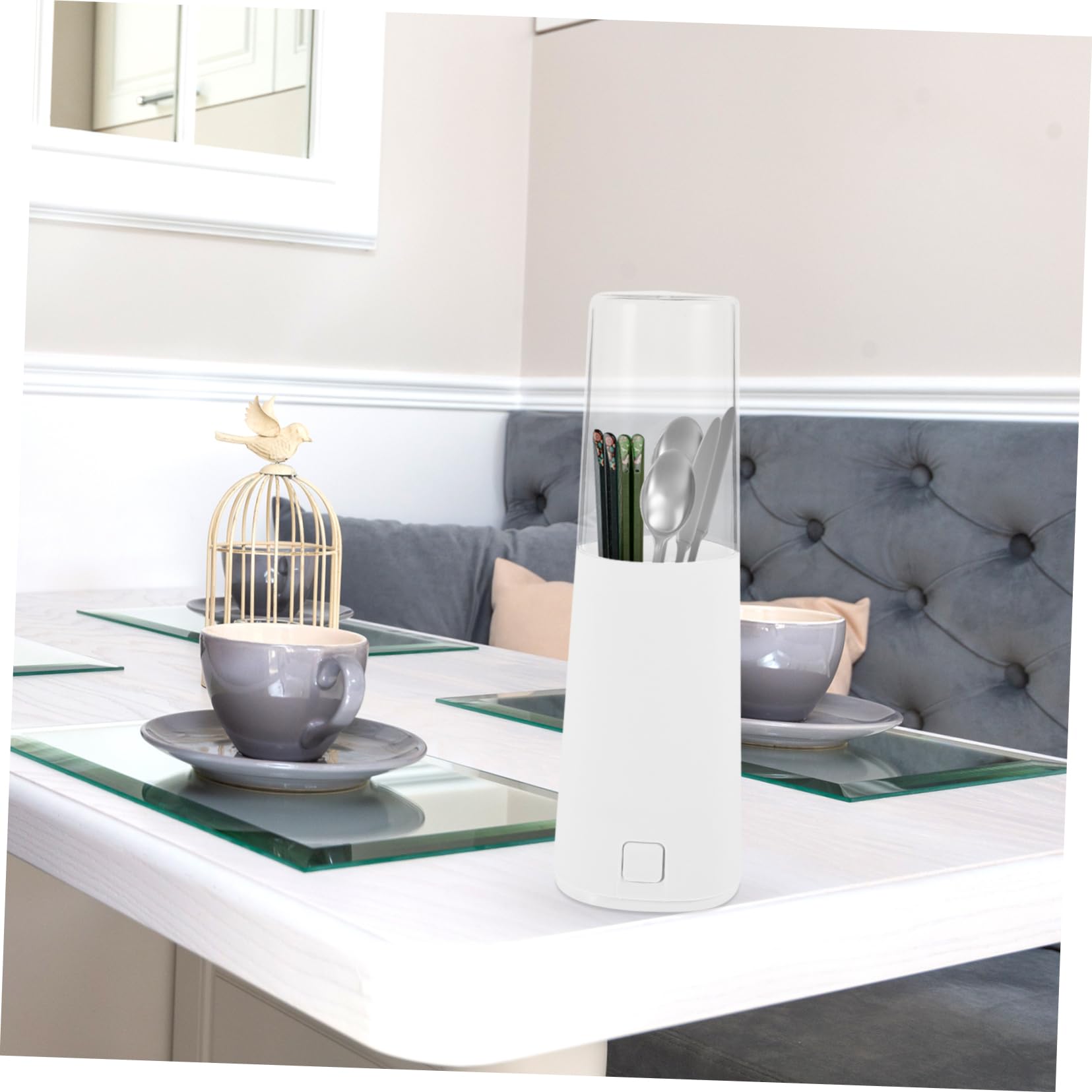 Cabilock Chopsticks Holder with Dustproof Lid Kitchen Tableware Organizer for Spoons Forks and Utensils and Detachable Storage Rack with Drainage Sieve White