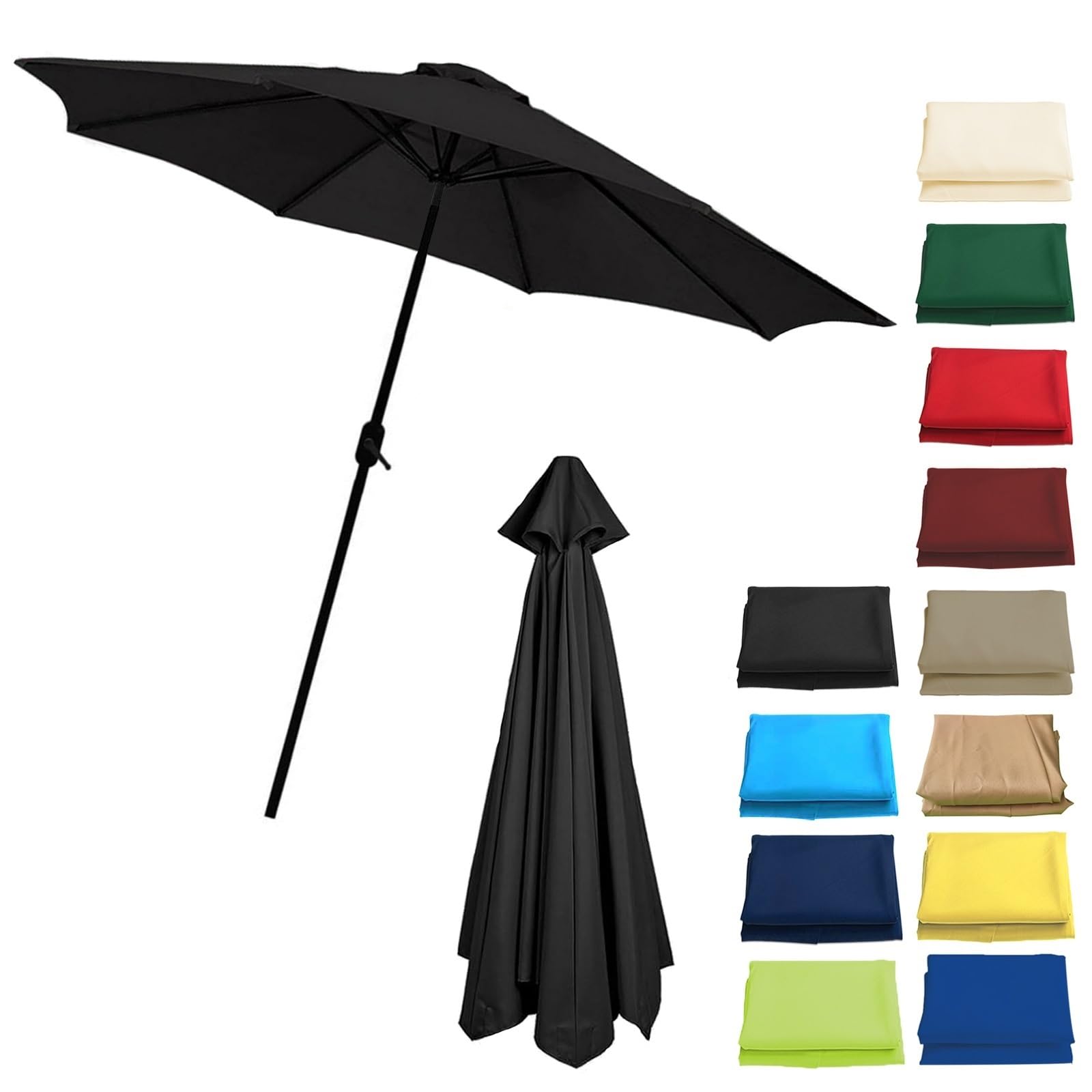 Replacement Parasol Canopy Sun Umbrella For 2/2.7/3.0m-6/8 Arms, Waterproof Outdoor Garden Canopy, Beach Parasols Covers, Fabric Sun Shade Top Only(Black,(8Rib) 2.7m/106in)