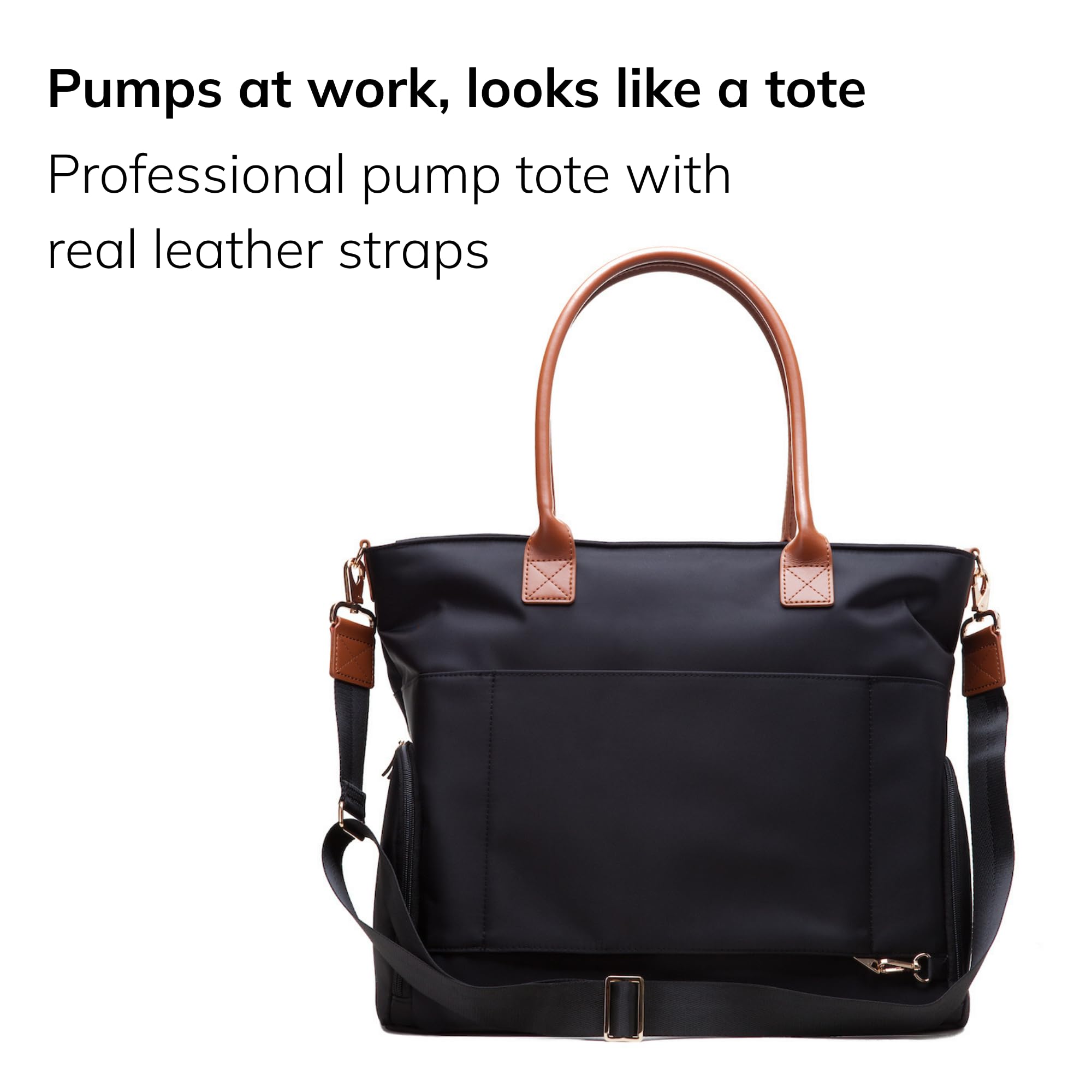 Abby Sac fourre-tout pour tire-lait avec sangles en cuir véritable – Sac de pompage élégant avec poches isothermes, rangement pour ordinateur portable et intérieur facile à nettoyer – Pour le travail