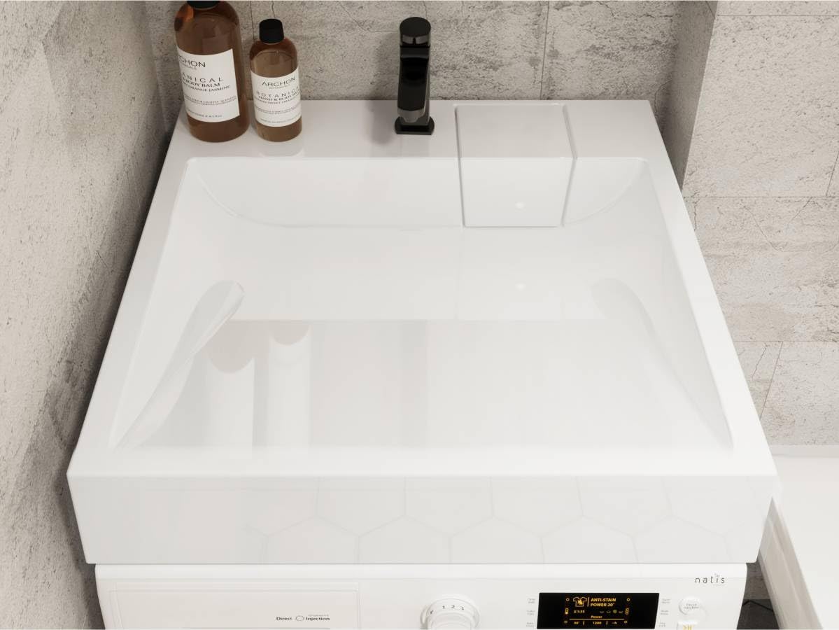 Lavabo TALLINN piedra, suspendido pared sobre lavadora. L60xW60x12 cm, peso 19 kg. Material: mezcla de materiales minerales naturales y resina. Superficie brillante extremadamente solido