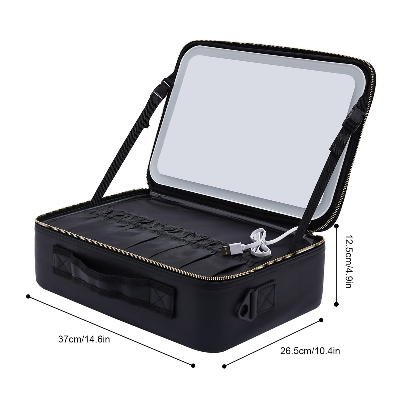 Reise-Makeup-Tasche,Kosmetiktasche Make up Organizer Tasche,3 Farbe Modi einstellbare Helligkeit, wasserdicht PU Leder Makeup Reisekoffer Makeup Zug Tasche,mit Spiegel Tragbar,Schwarz