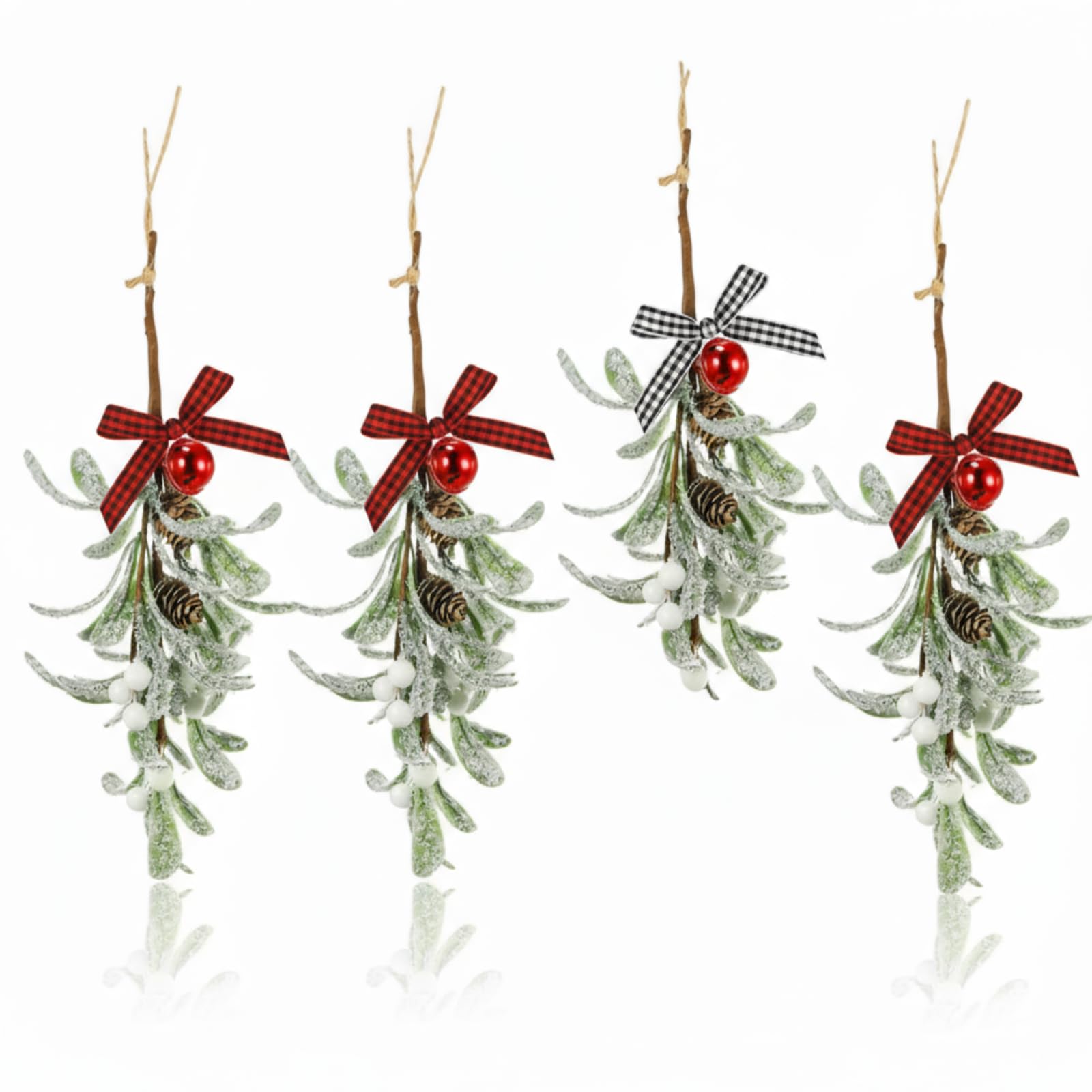 Meanplan 4 Pcs Christmas Mistletoe Decoration with Velvet Bow Artificial Mistletoe Hanging Ornament Kissing Ball with Berries Pine Cones for Xmas Tree