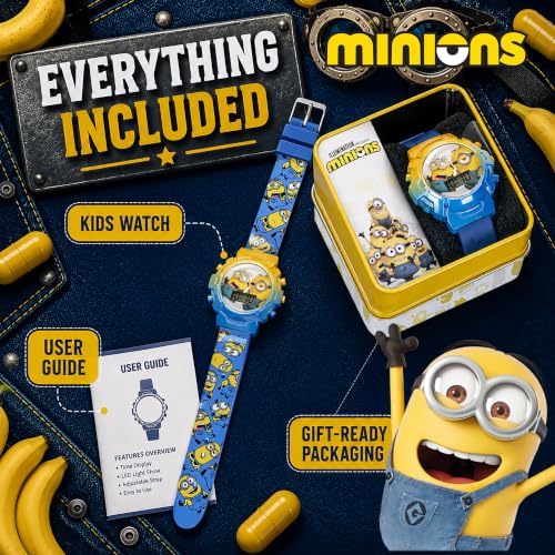 Image of Minions Kids Watch - Flashing Dial Lights, LCD Display, Adjustable Comfortable Strap, Collectible Tin - Perfect for Boys and Girls