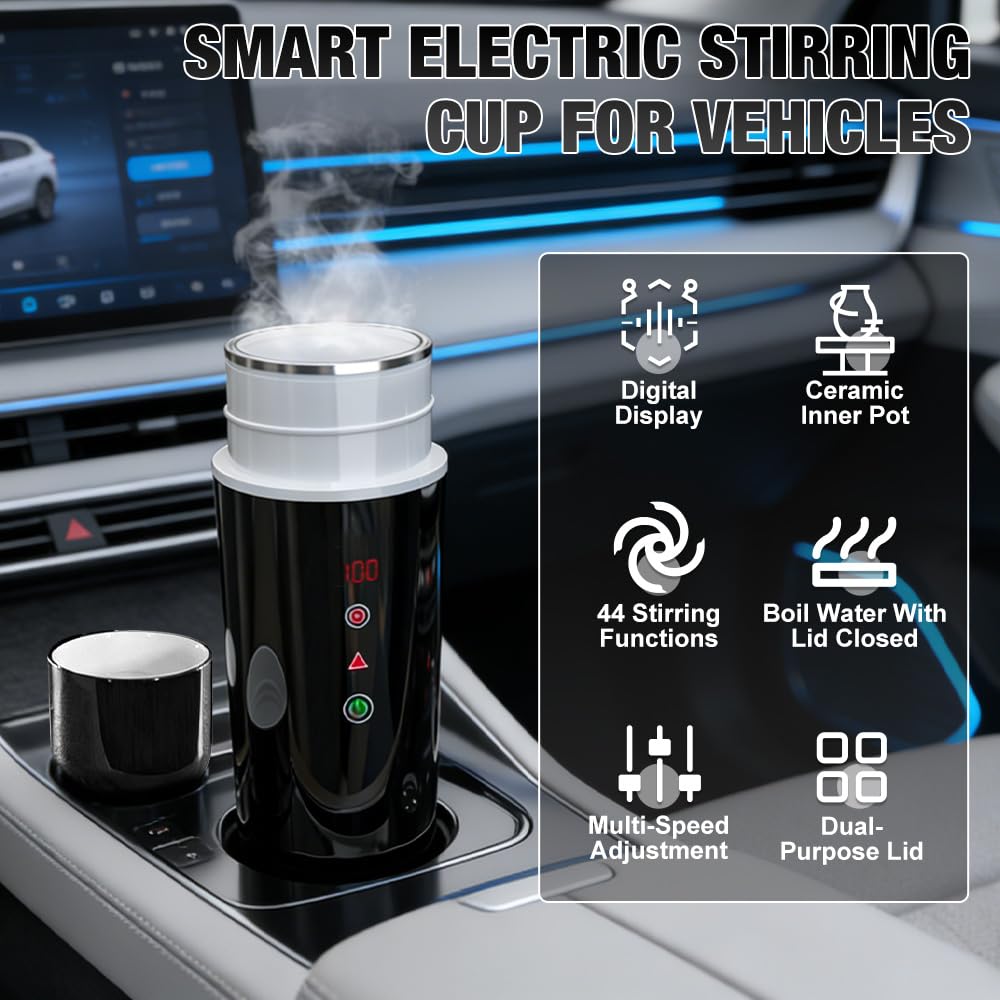 Wasserkocher für Auto, DC 12V/24V Reisewasserkocher Auto, 420ml Wasserkocher Auto Zigarettenanzünder mit LCD-Anzeige, Temperatureinstellung, Rührfunktion, 304 Edelstahl für LKW Reise Camping