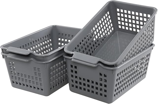 Annkky Plastic Cupboard Storage Baskets, Small Rectangular Basket, Grey, 4 Packs