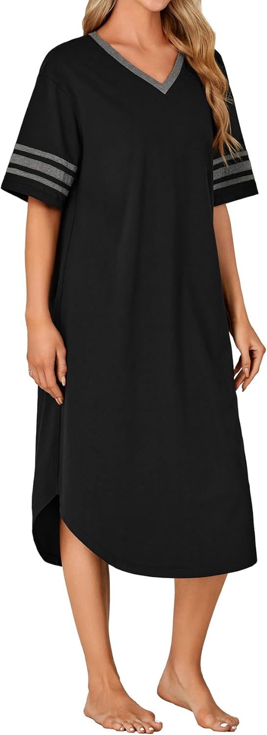 OPOIPIN Women's Nightgown V Neck Short Sleeve Sleepshirt Casual Loose Fit Nightdress Loungewear - Image 4