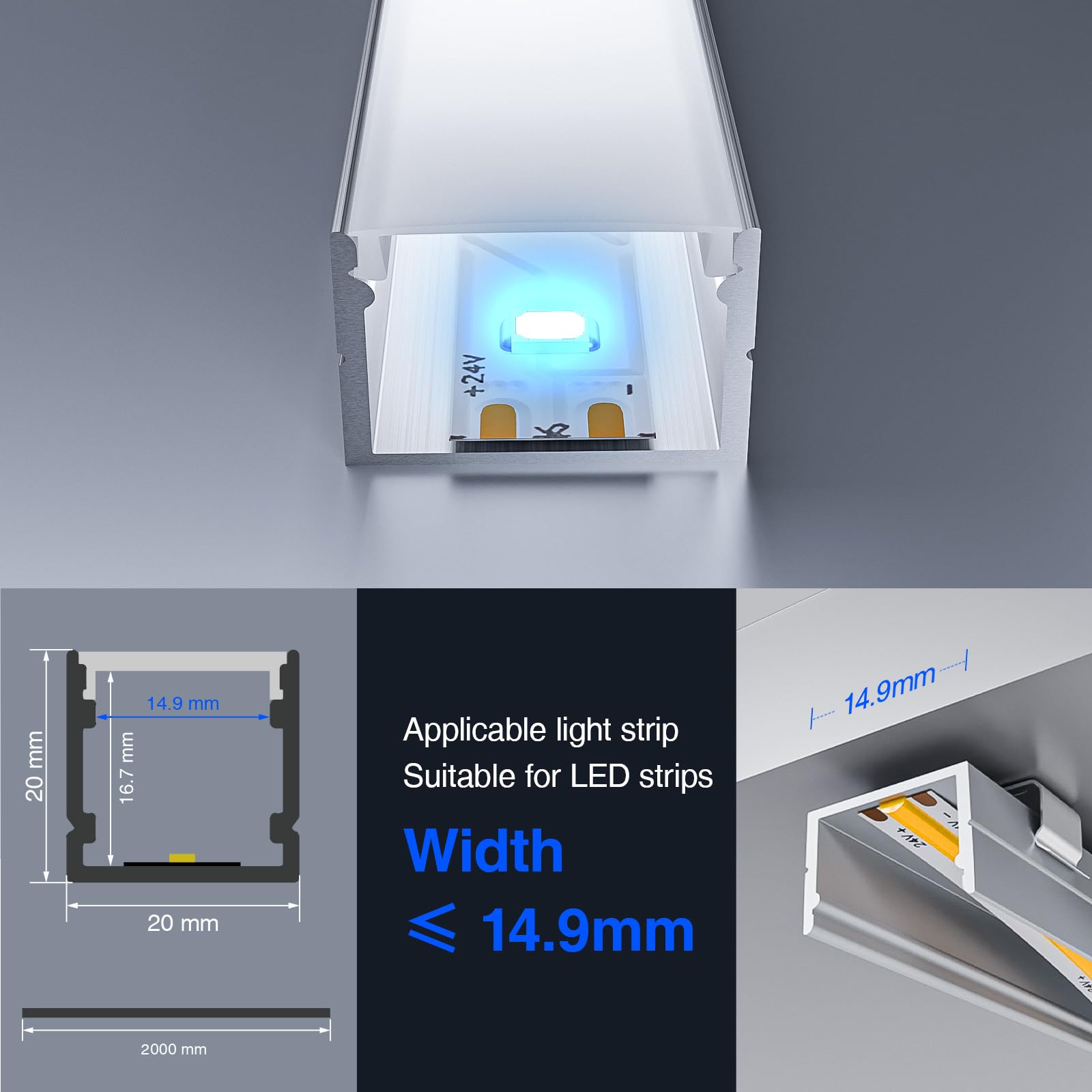 Profilo in Alluminio per Strisce LED, 20 Canali LED a U da 2 Metri Ciascuno (Totale 40 Metri), con Copertura Diffusore Opalina e Accessori di Montaggio Inclusi