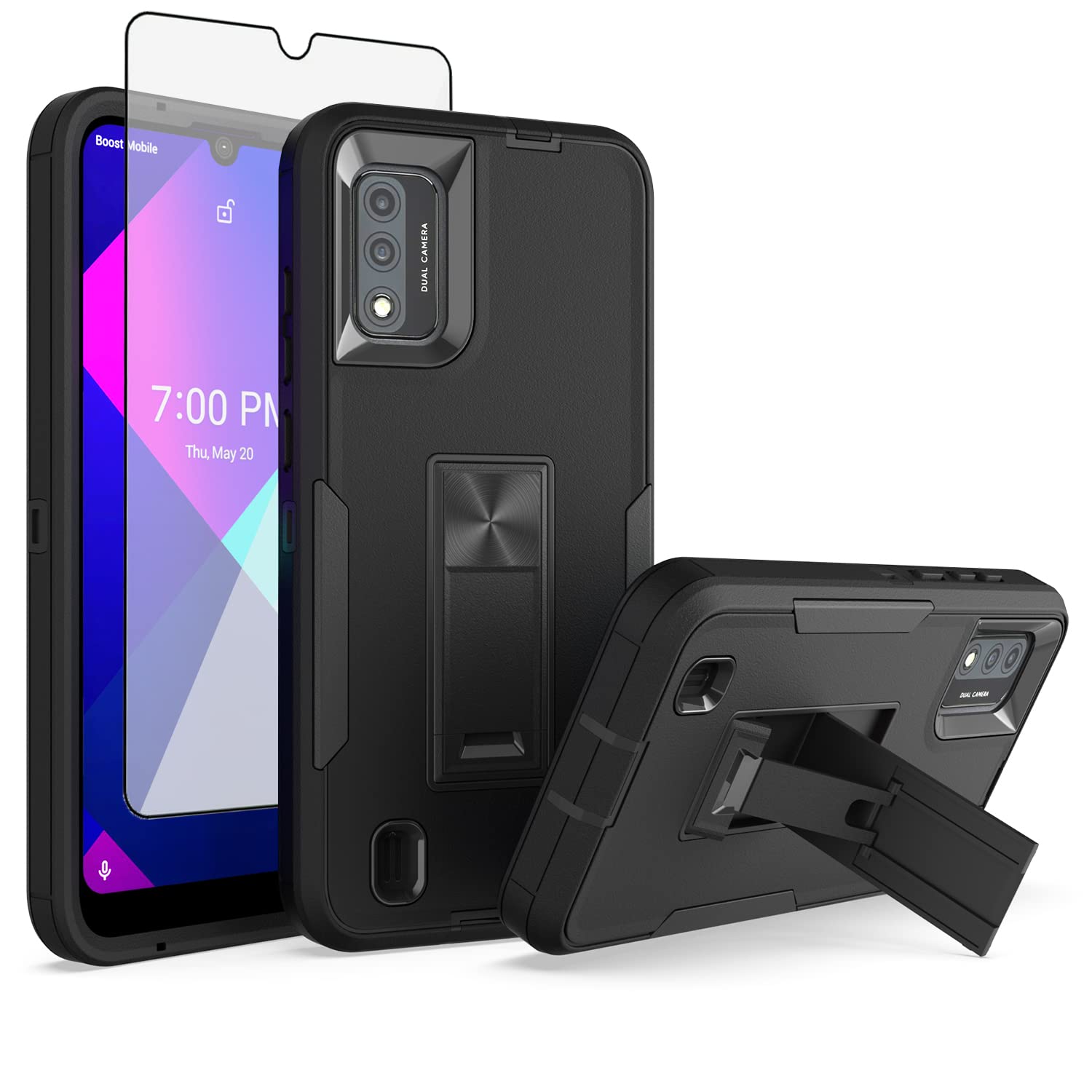 Asuwish Phone Case for Wiko Ride 3 with Tempered Glass Screen Protector Cover and Slim Stand Hybrid Rugged Kickstand Magnetic Back Film Cell Mobile Accessories U614AS Women Men Black