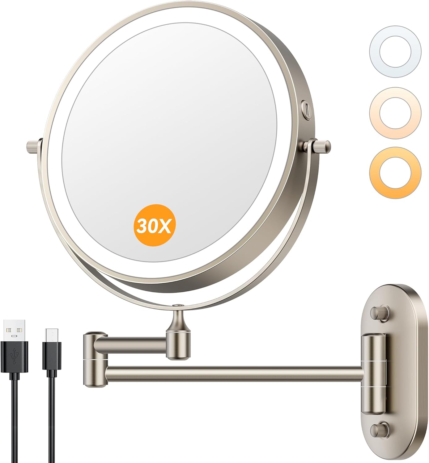 1X/30X Wall Mounted Lighted Makeup Mirror, 8" 3200 mAh Rechargeable Double-Sided Magnifying Mirror, Touch Dimmable 3 Color Lights, 360° Rotating Foldable 14.5" Extension Arm, Brushed Nickel