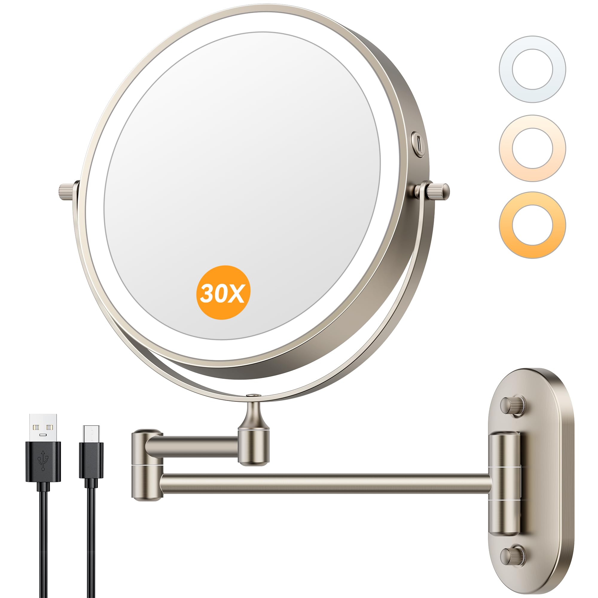 Auxmir 1X 30X Wall Mounted Lighted Makeup Mirror 8 3200 mAh Rechargeable Double-Sided Magnifying Mirror Touch Dimmable 3