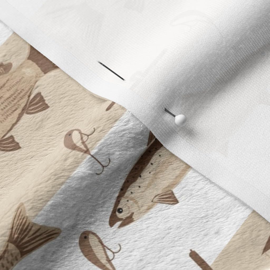Spoonflower Fabric - Brown Lake River Fish Tan White Large Trout Bass Fishing Lures Hooks Printed on Minky Fabric by The Yard - Sewing Baby Blankets Quilt Backing Plush