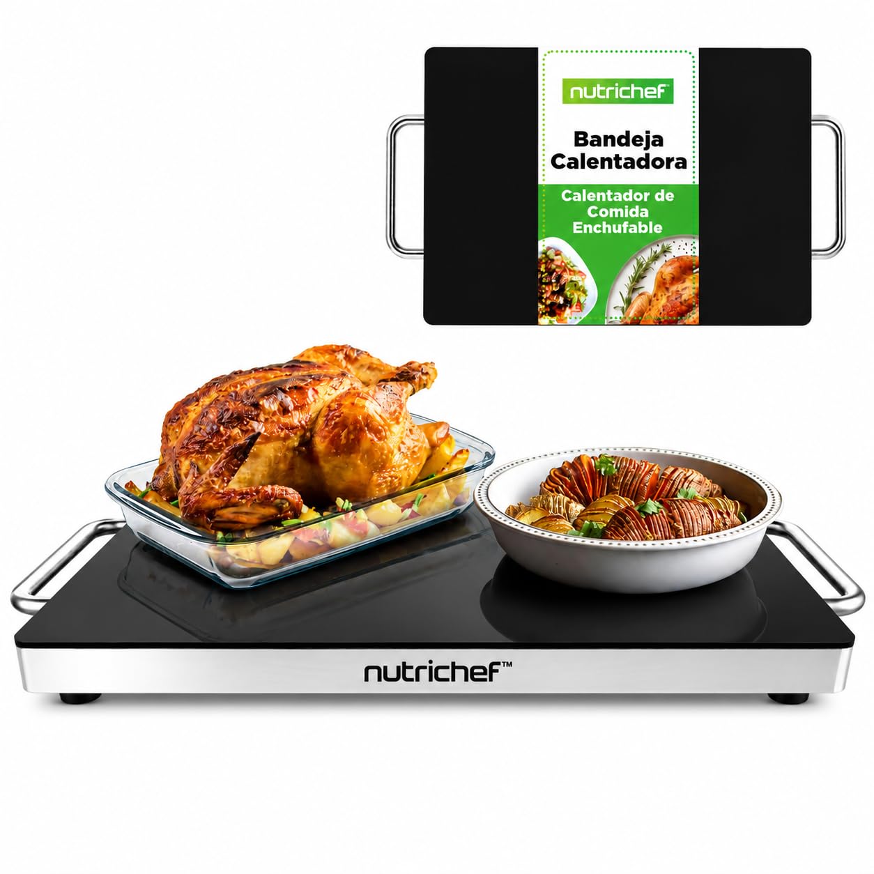 Nutrichef Plancha electrica, Hot Plate, Calienta Platos, Superficie de Vidrio Negro, Ideal para hogar, Buffets, Fiestas, Cocinas y restaurantes