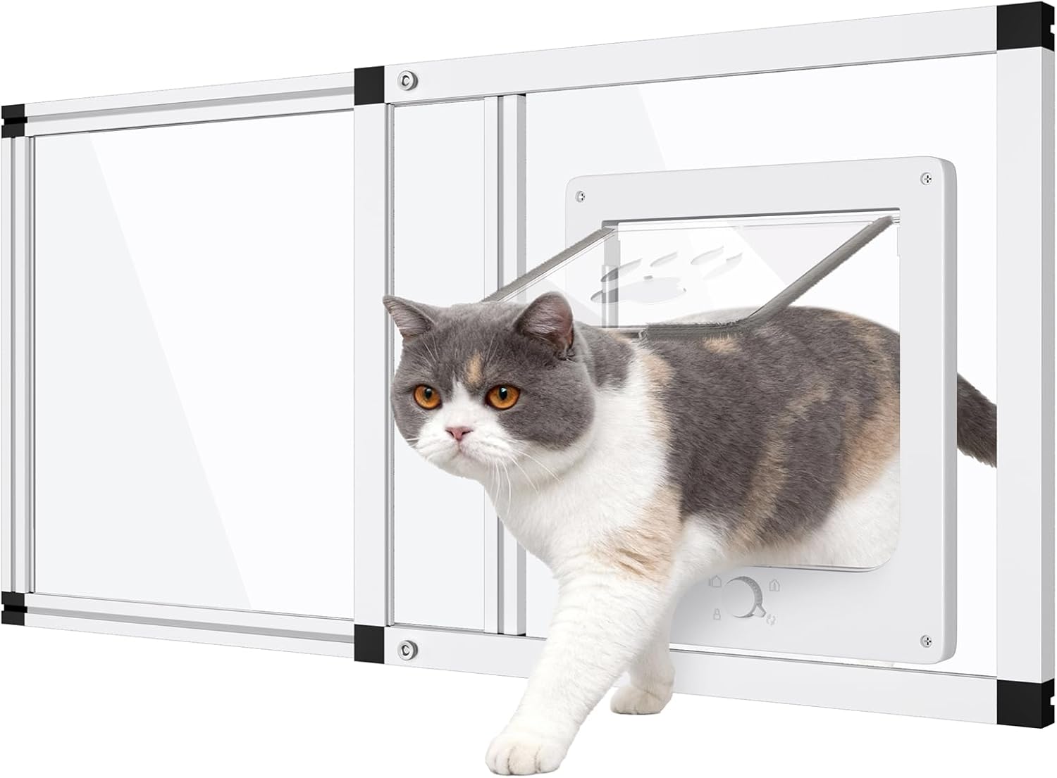 Sliding Cat Door for Window, Fits 28.5"-32" Width Window, 2-Min Install | Aluminum Frame + HD Glass | Weatherproof Design | Magnetic Closure Window Cat Door Insert, Adjustable Pet Door Window for Cats White Fit 28.5''-32'' Window