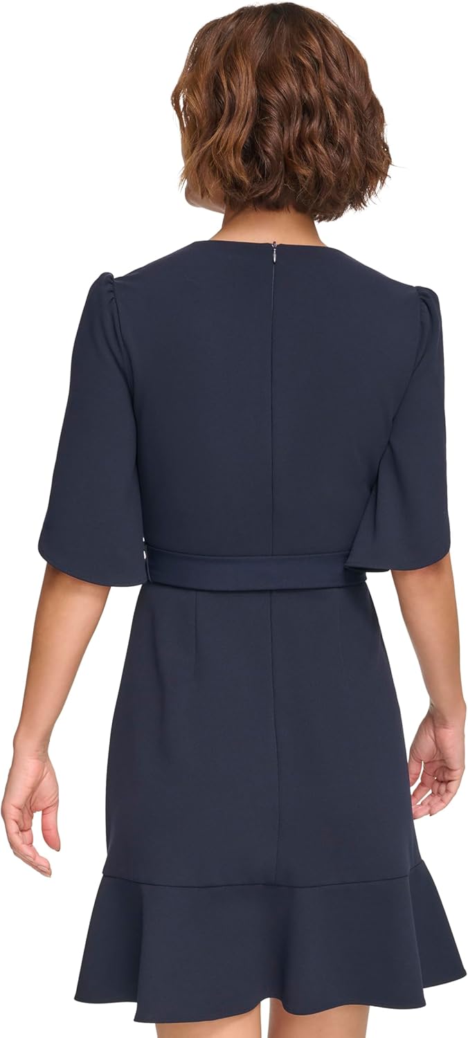 DKNY Womens Tulip Sleeve Scuba Crepe Faux Wrap Dress - Image 2