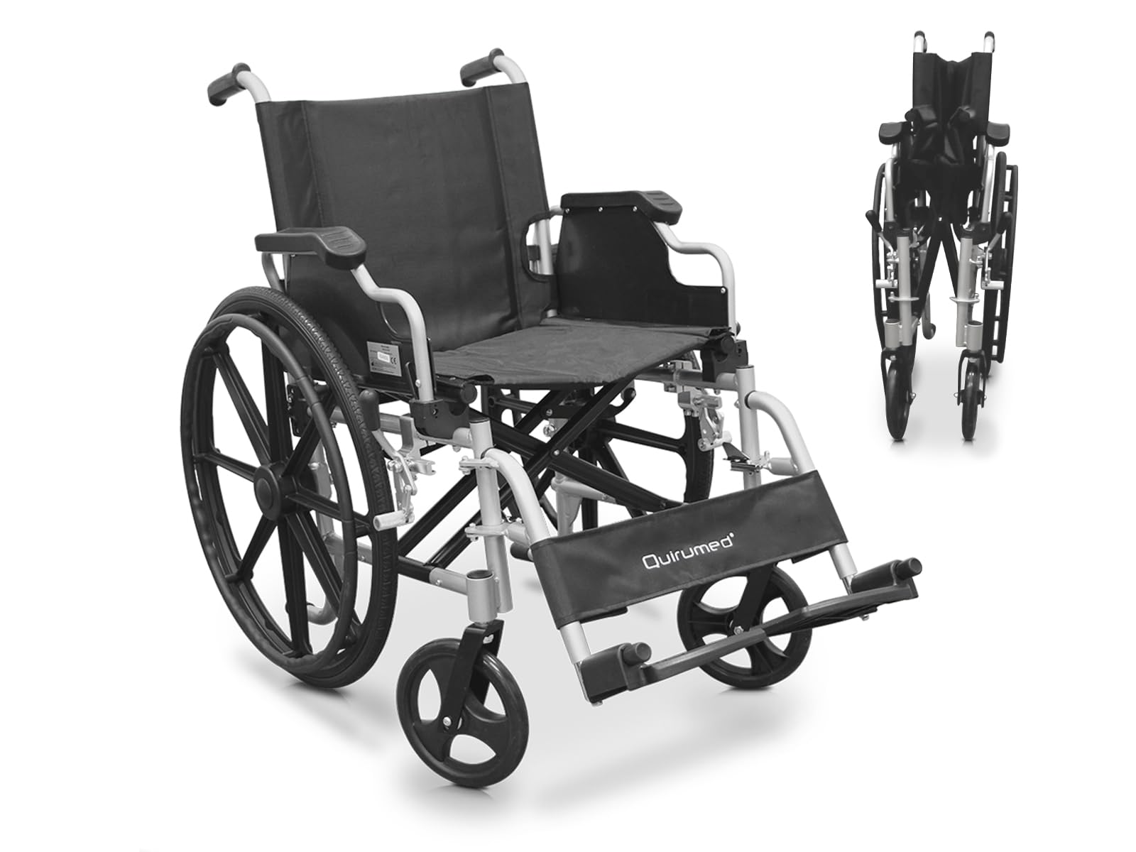 QUIRUMED Silla de ruedas de aluminio, Plegable, Asiento 48 cm, Reposabrazos abatibles y desmontables, Reposapiés abatibles, Frenos de mano, Para mayores, Para minusválidos