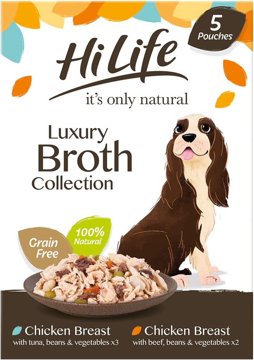 it's only natural - Wet Dog Food - The Luxury Broth Collection Chicken Breast, Beef, Tuna, Beans, Vegetables - 100% Natural Grain Free, 15 Pouches x 100g