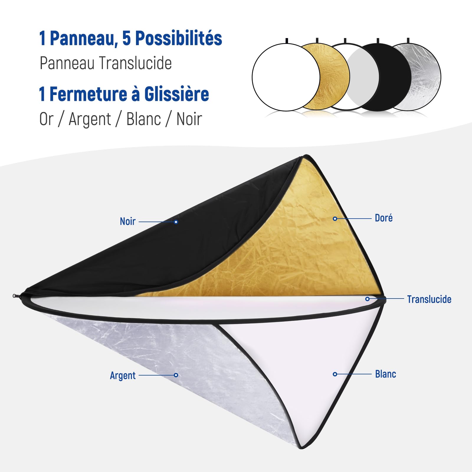 NEEWER 43in/110cm Réflecteur de Lumière Diffuseur de Lumière 5 en 1 Multidisque Pliable Translucide, Argent, Or, Blanc et Noir pour l'Éclairage de Studio de Photographie et l'Éclairage Extérieur