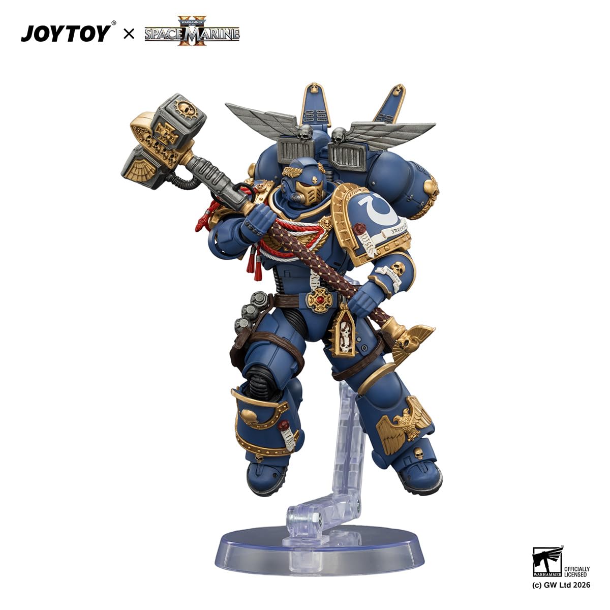 JOYTOY Ultramarines Warhammer 40K 1/18 figurki akcji edycja gier ultramaryny szturmowy intercessor z pakietem skokowym, młotem piorunowym i pistoletem neo-volkite, 10 cm, model kolekcjonerski