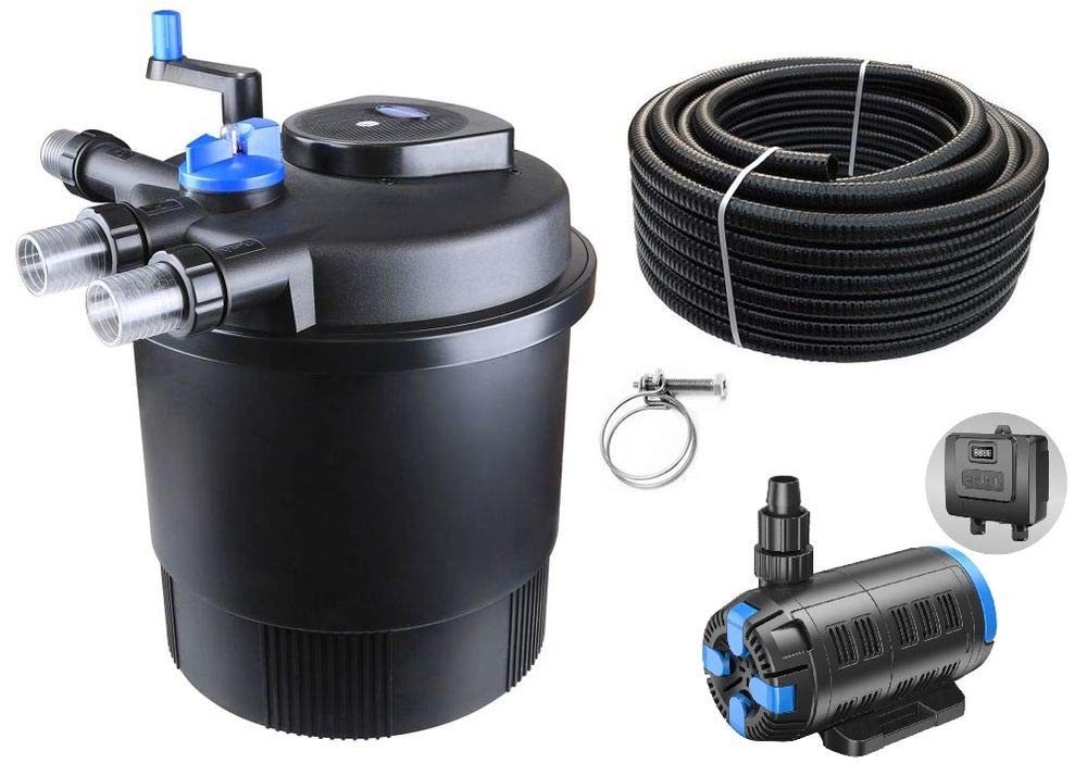 AquaOne Set di filtri per laghetto con pompa per laghetto, impianto di filtraggio CPF-20000 per laghetto fino a 40.000 litri, set completo con lampada UV, pompa Eco regolabile 37-180 Watt, tubo per