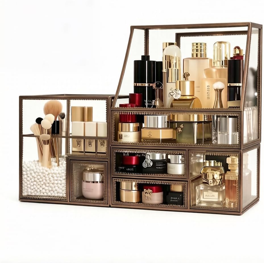 Luxury Glass Makeup Organizer Antique Bronze Metal Frame, Clear Vanity Countertop Storage Case for Cosmetics, Skincare, Perfume, Jewelry, Brush Holder & Drawers for Bathroom, Bedroom, Dressing Table