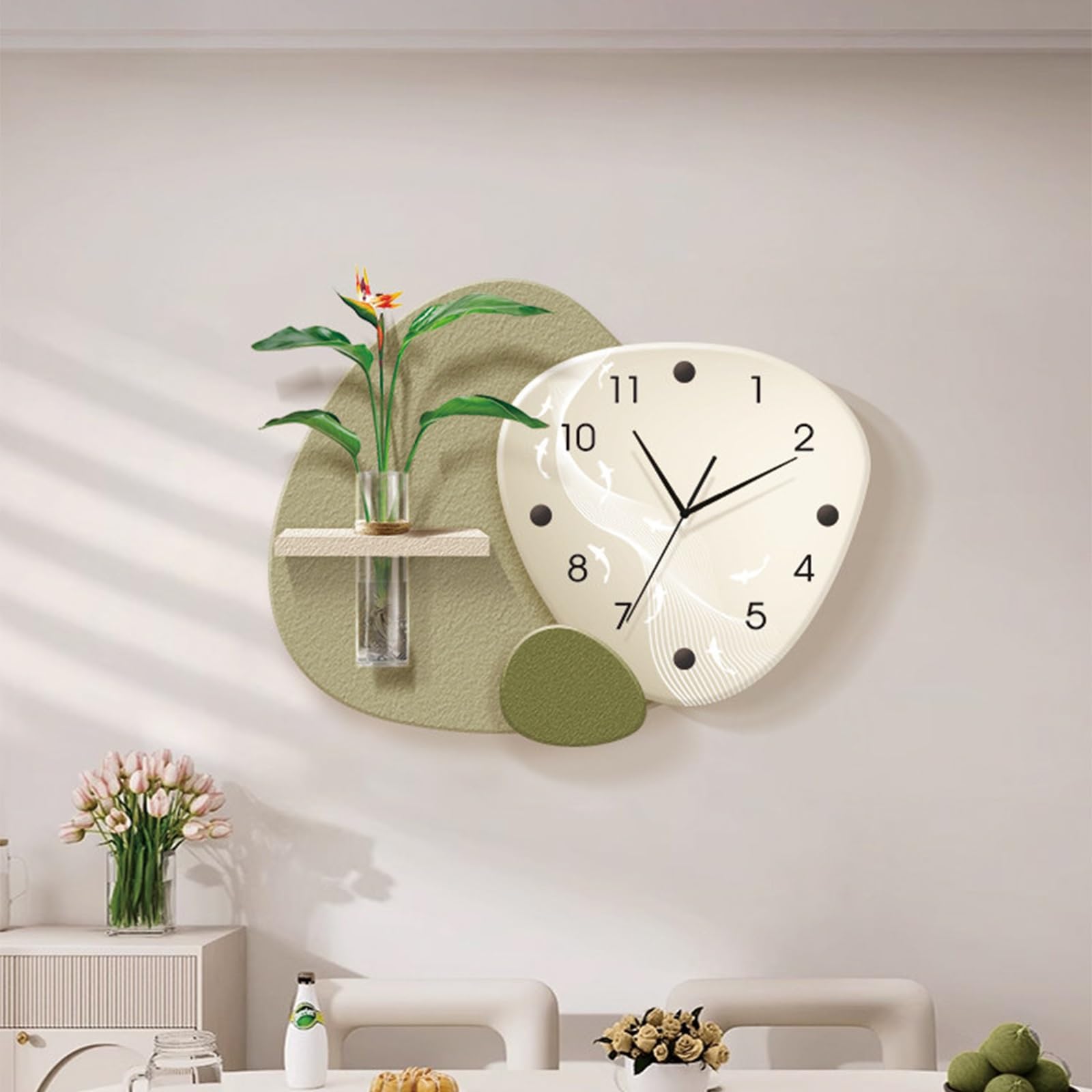 ITOSUI Modern Art Decor Clock with 3D Glass Vase,Stylish Creative Wall Art for Living Room,Silent Non-Ticking Decorative Wall Clocks,for Living Room Bedroom Dining Room(Green Ordinary,15.7x11.8in)