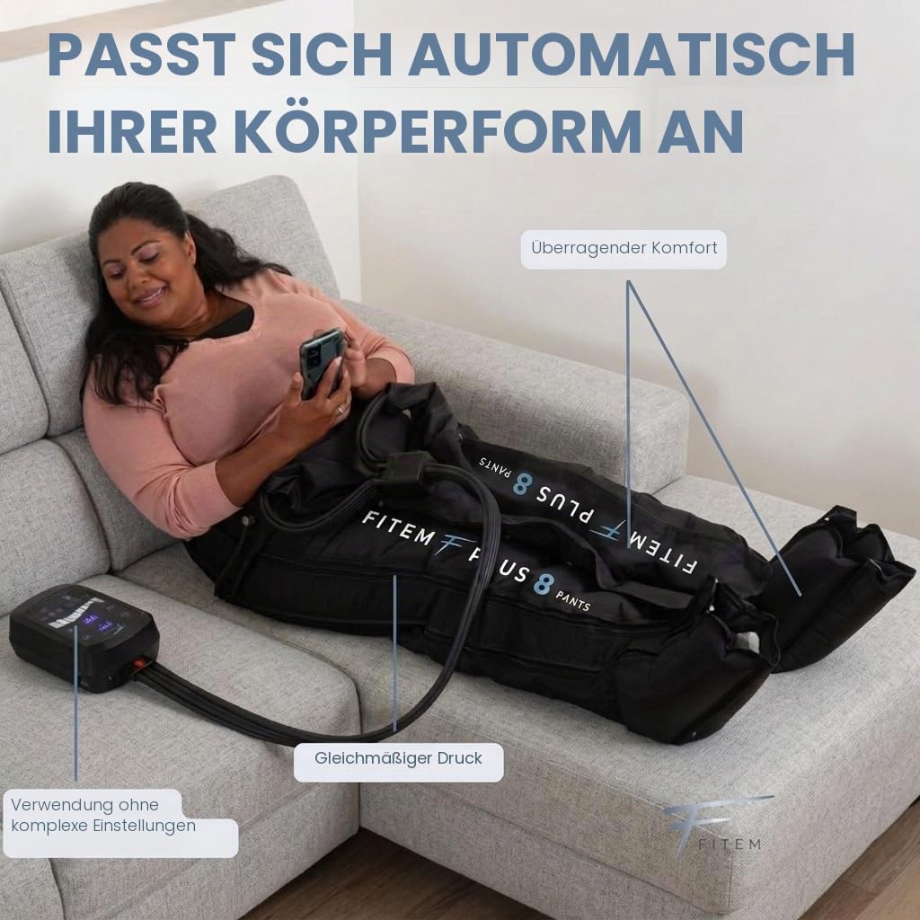 FITEM Pressotherapie Hose PLUS 8 – Lymphdrainage Gerät für Beine, Hüfte & Bauch | 8 Kammern, 6 Modi | Schwere Beine & Wassereinlagerungen | Premium Qualität