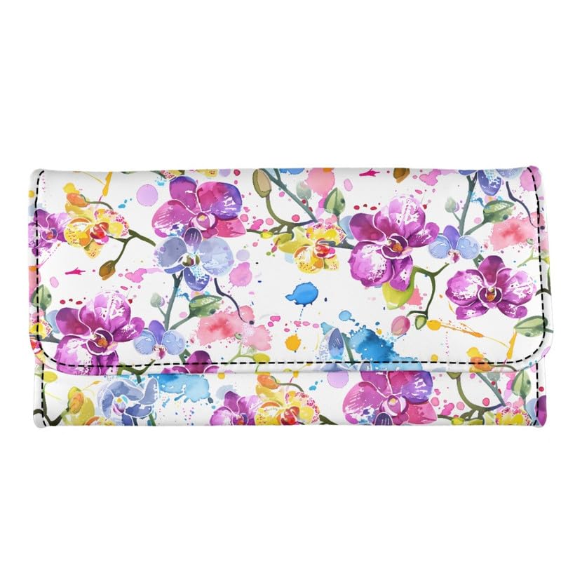 PU Leather Orchid Flowers Trifold Wallets for Women Watercolor Painting Floral Tall Billfold Cash Wallet with Zipper Coin Pocket White Long Money Manager Leather Wallets4