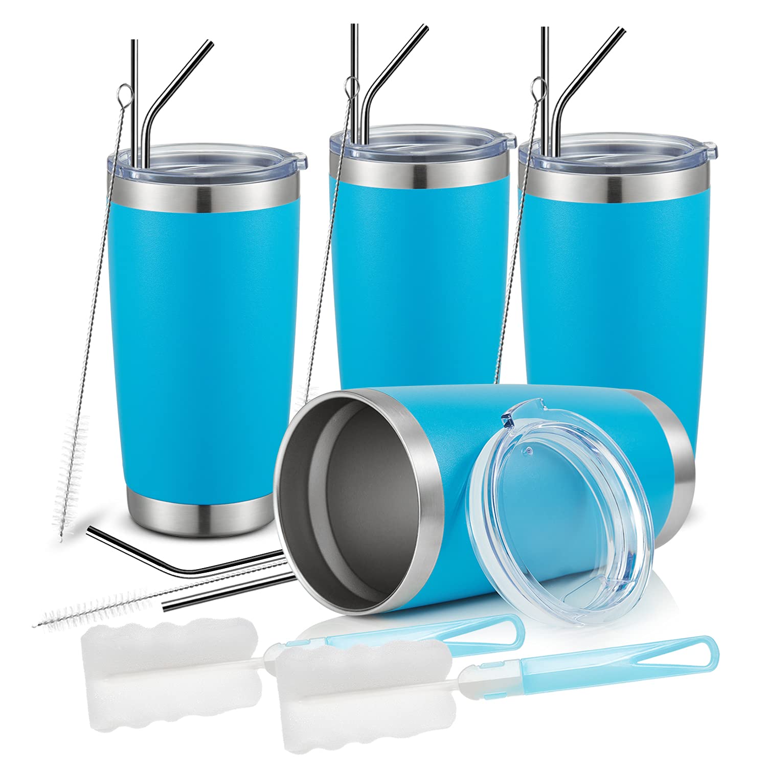 Edelstahlbecher mit Deckel und Strohhalm, doppelwandig, vakuumisoliert, robust, pulverbeschichtet, für kalte und heiße Getränke, 600 ml, 4 Stück