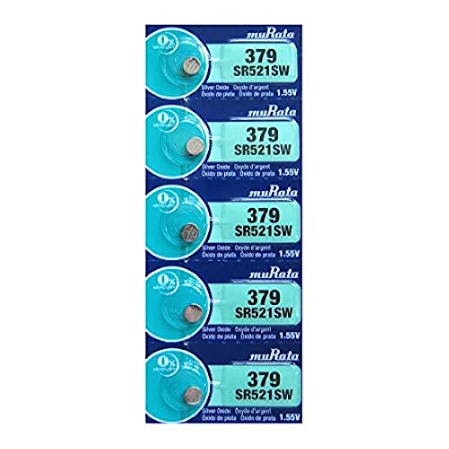 Murata 379 (SR521SW) 1.55V Silver Oxide 0% Hg Mercury Free Watch Battery,5 Batteries