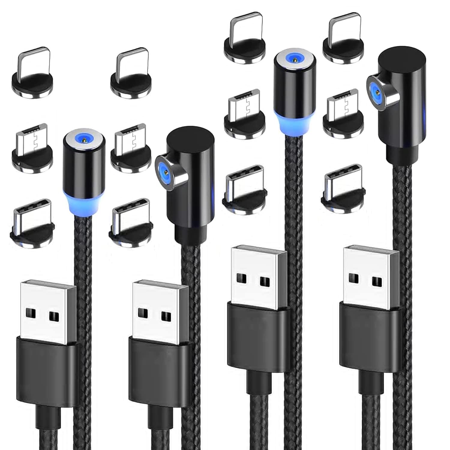 GUUGEI Lot De 4 Câbles De Charge Magnétiques (1m/2m/2m/3m), Câble USB 3 En 1 En Nylon Tressé Magnétique Avec Lumière LED, Compatible Avec Micro USB, Smartphones De Type C Et Appareil IProduct