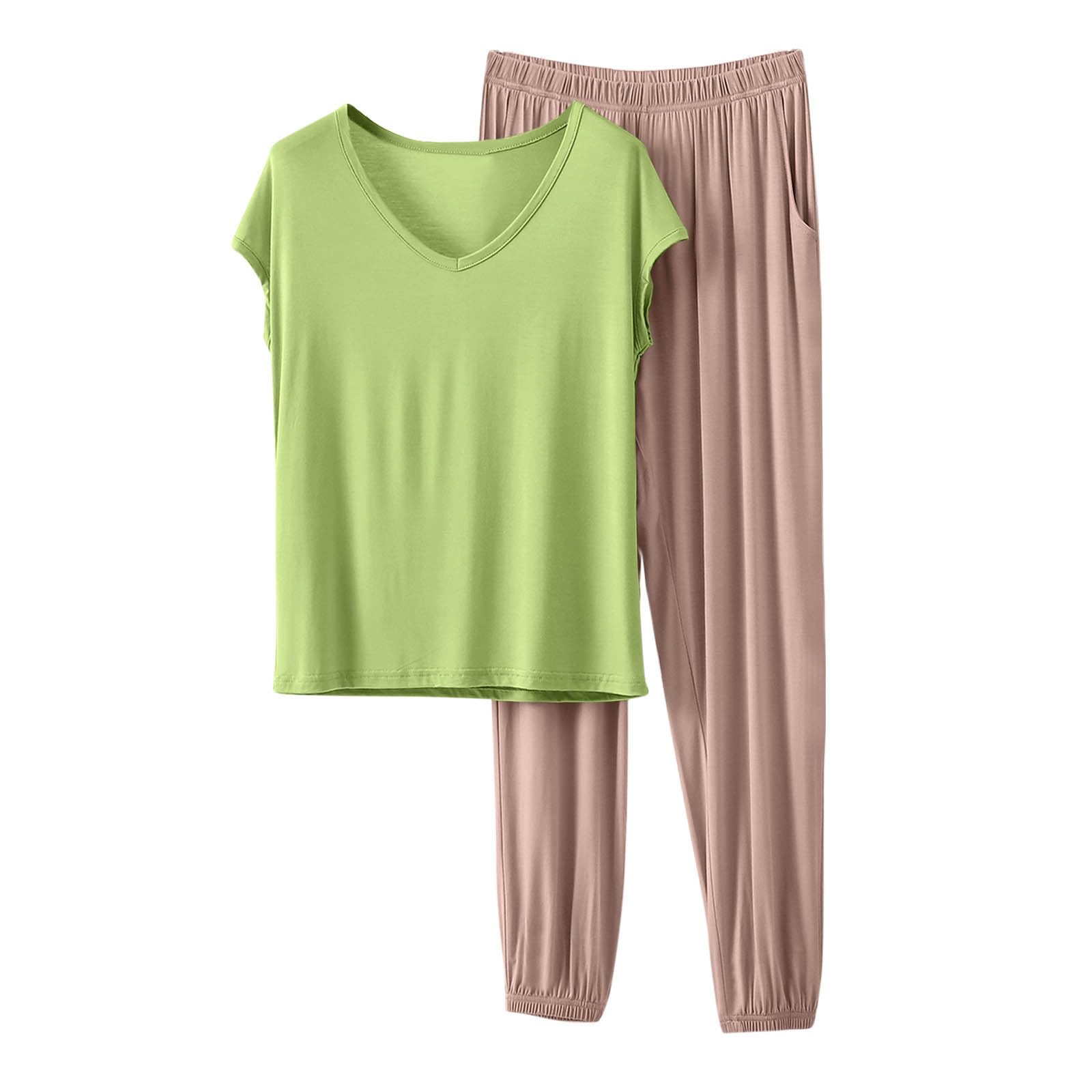 HGps8w Women's Modal Soft Summer Pajamas Sets, Loose V Neck Short Sleeve Top Joggers Pants Matching 2 Piece Lounge Outfits