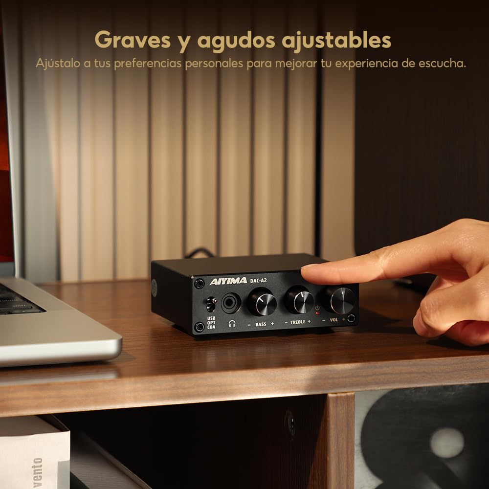 AIYIMA DAC A2 Amplificador de auriculares DAC Convertidor DAC estéreo de digital a analógico para PS5/PC/MAC Juego de sobremesa DAC Amp PC-USB/Coaxial/Optico a 3.5mm AUX RCA Salida de auriculares