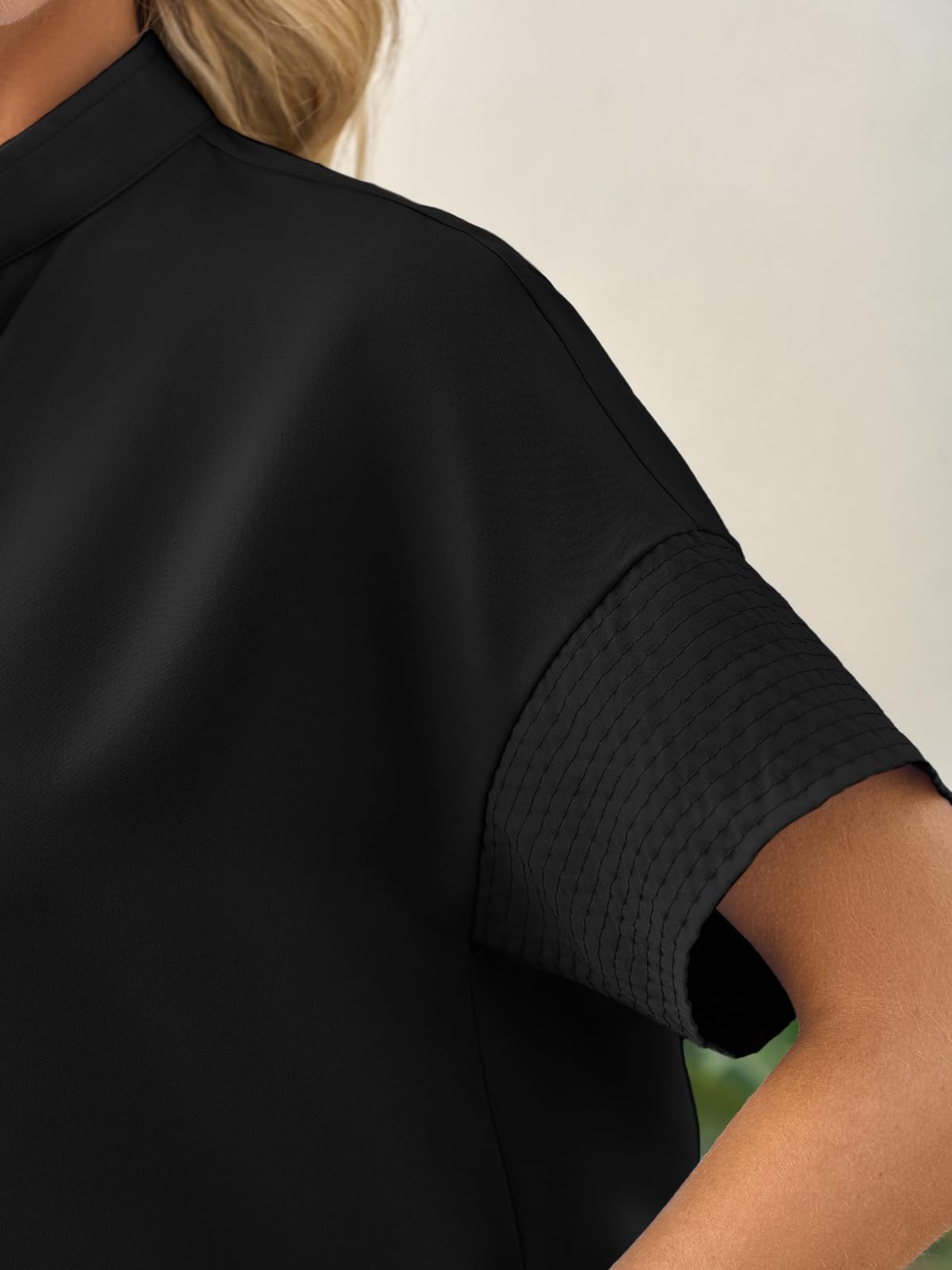 Cicy Bell Blusa de Manga Corta para Mujer, Plisada, Elegante, Informal, Cuello Alto, Holgada