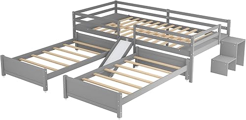 Miniatura 7 de Hlcodca Delicada cama matrimonial sobre cama individual y individual con tobogán integrado pequeña escalera de almacenamiento y barandilla de