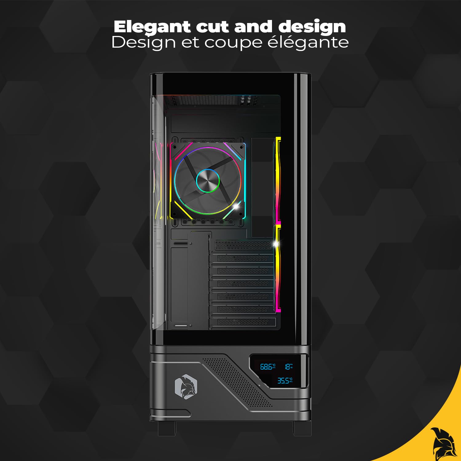 Empire Gaming ECM252 - Caja para PC Gaming Media Torre - Pantalla Digital integrada (Temperatura CPU/GPU, RPM) - 3 Ventiladores ARGB - Compatible con ATX, Micro-ATX, ITX - USB C (Negro)