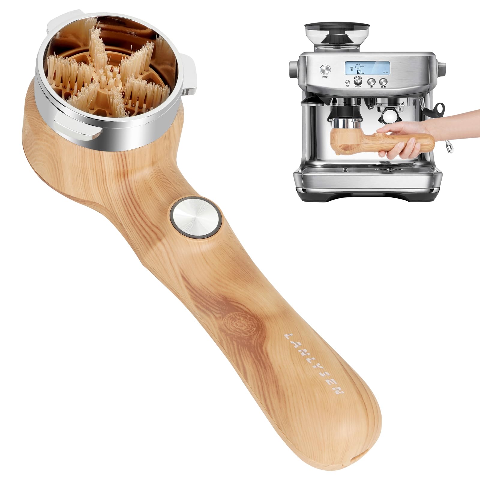 Cepillo de limpieza para máquina de café espresso, color grano de madera, cepillo de limpieza eléctrico, limpieza de 360°, limpieza totalmente cerrada, máquina espresso, cerdas de limpieza eléctrica