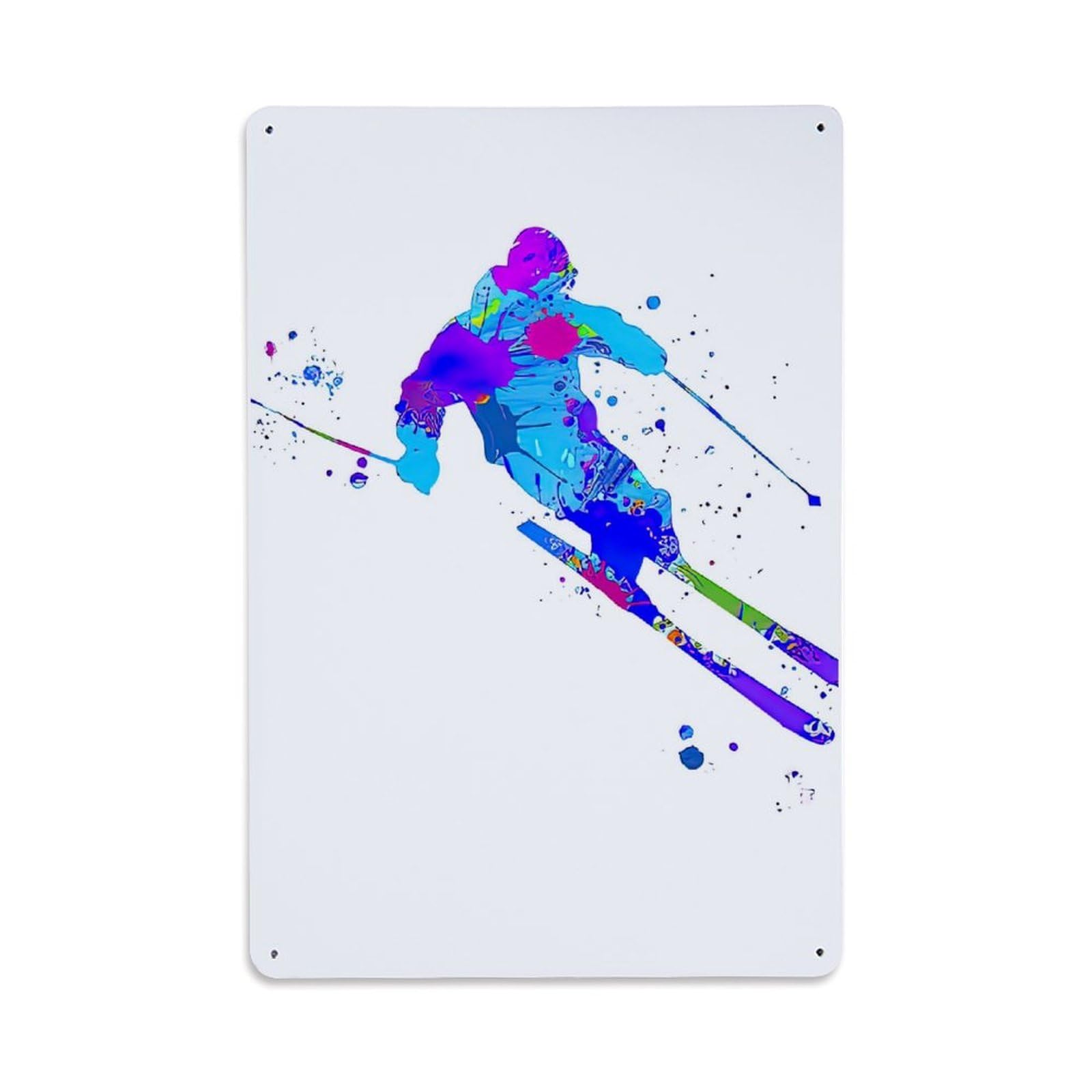 Watercolor Skier Metal Tin Sign Plaque Wall Decor for Cafe, Club Bar, Office, Home Garden Metal Poster 8x12Inch