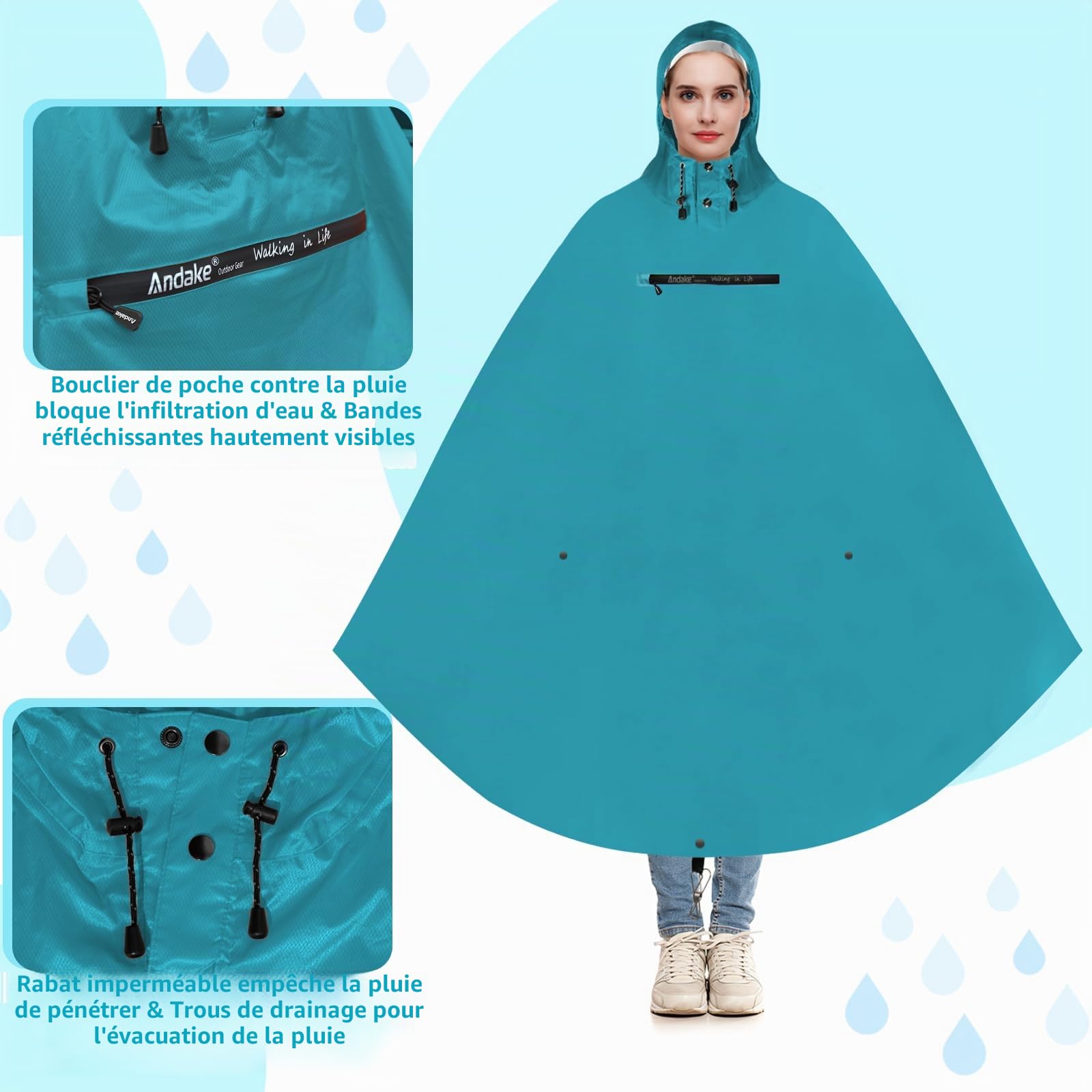 Andake Poncho de pluie de vélo pour homme et femme - Imperméable - Poncho de pluie, taille unique