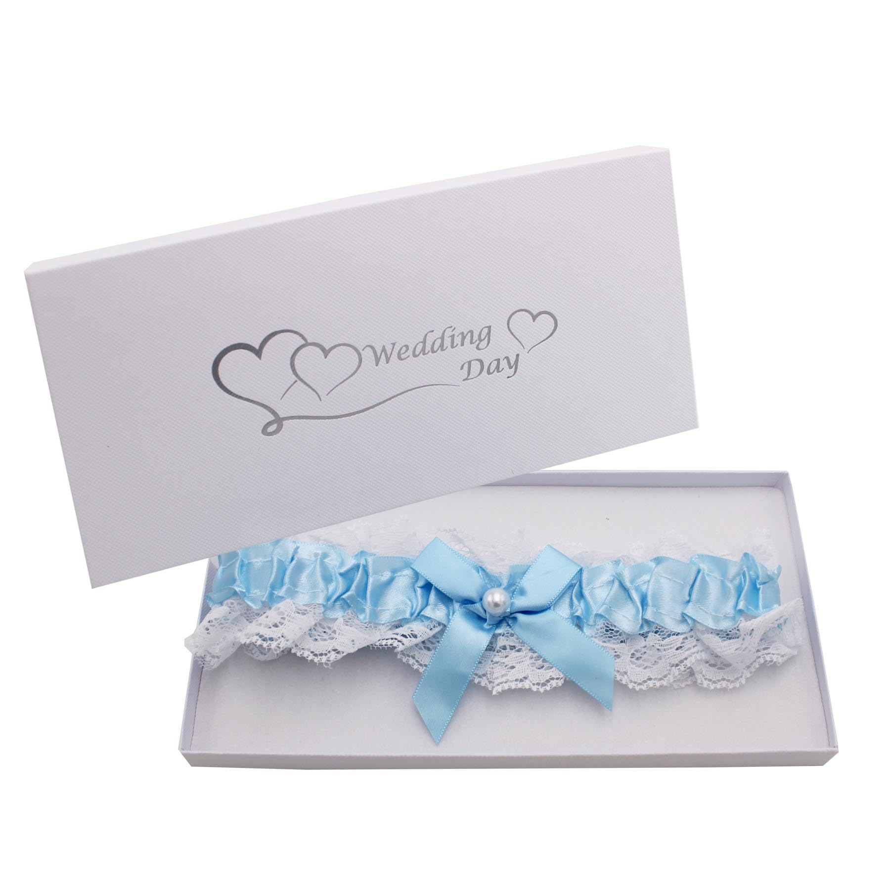 Wedding Garter in Gift Box Blue Satin with White Lace and Pearls Keepsake-image-39