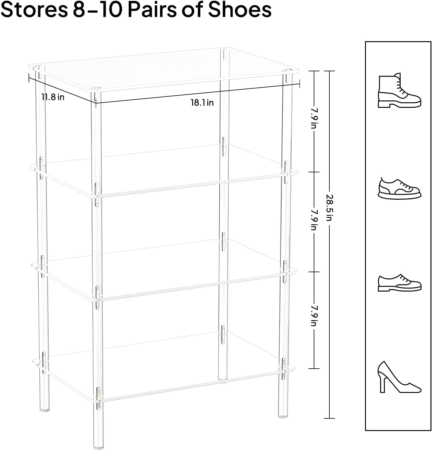 Aquiver Acrylic Small Shoe Rack - 18.1'' L x 11.8'' W x 28.5'' H - 4 Tier Shoe Rack for Front Door Entrance, Entryway, and Closet - Shoe Organizer Narrow Shoe Storage Shelf (Clear)