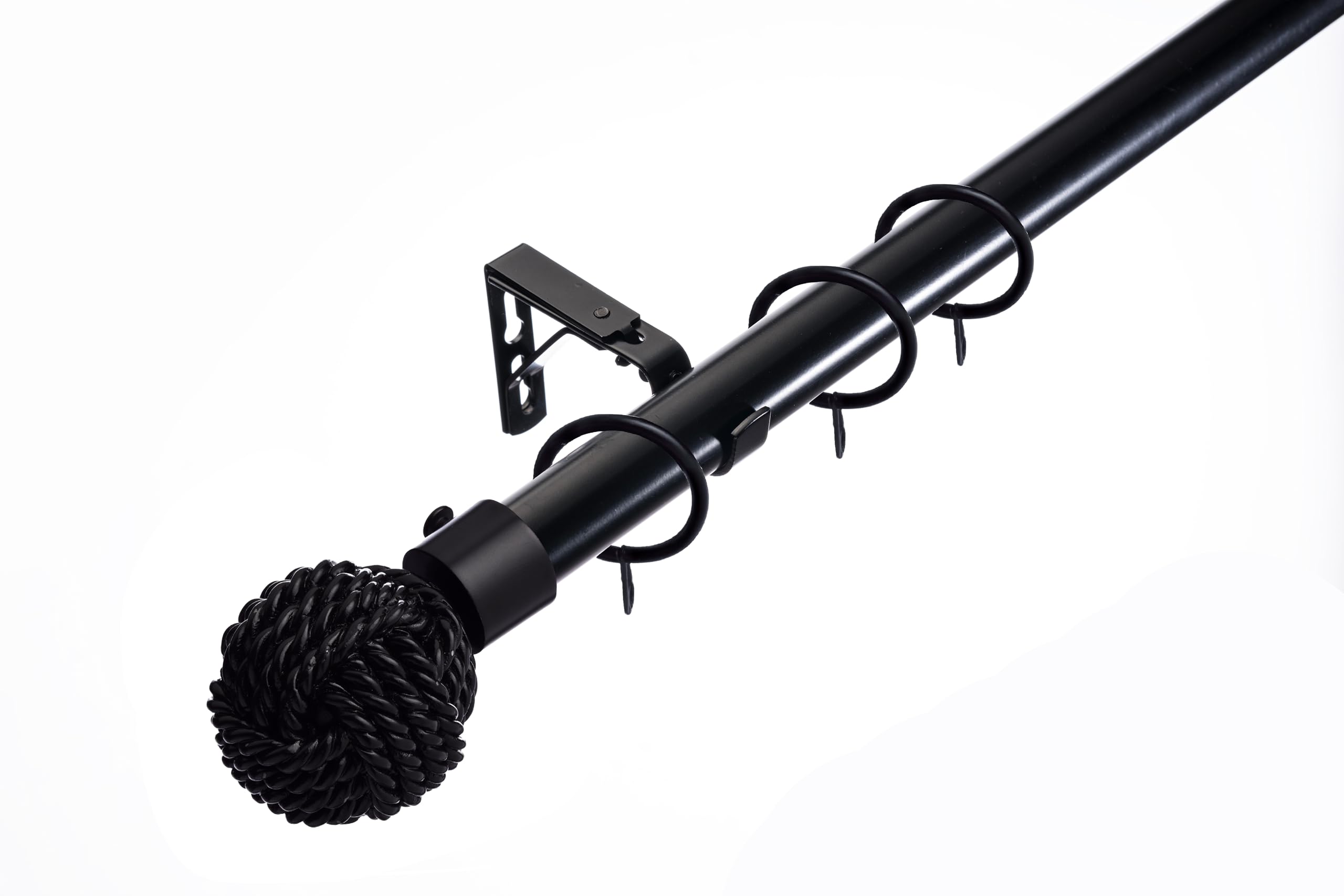 Lister Cartwright 28mm Obsidian Black Adjustable Extendable Metal Curtain Pole Set Rings with Knotted Ball Finial Voile Easy fit to Outdoor, Bedroom, Living Room (120-220 cm)