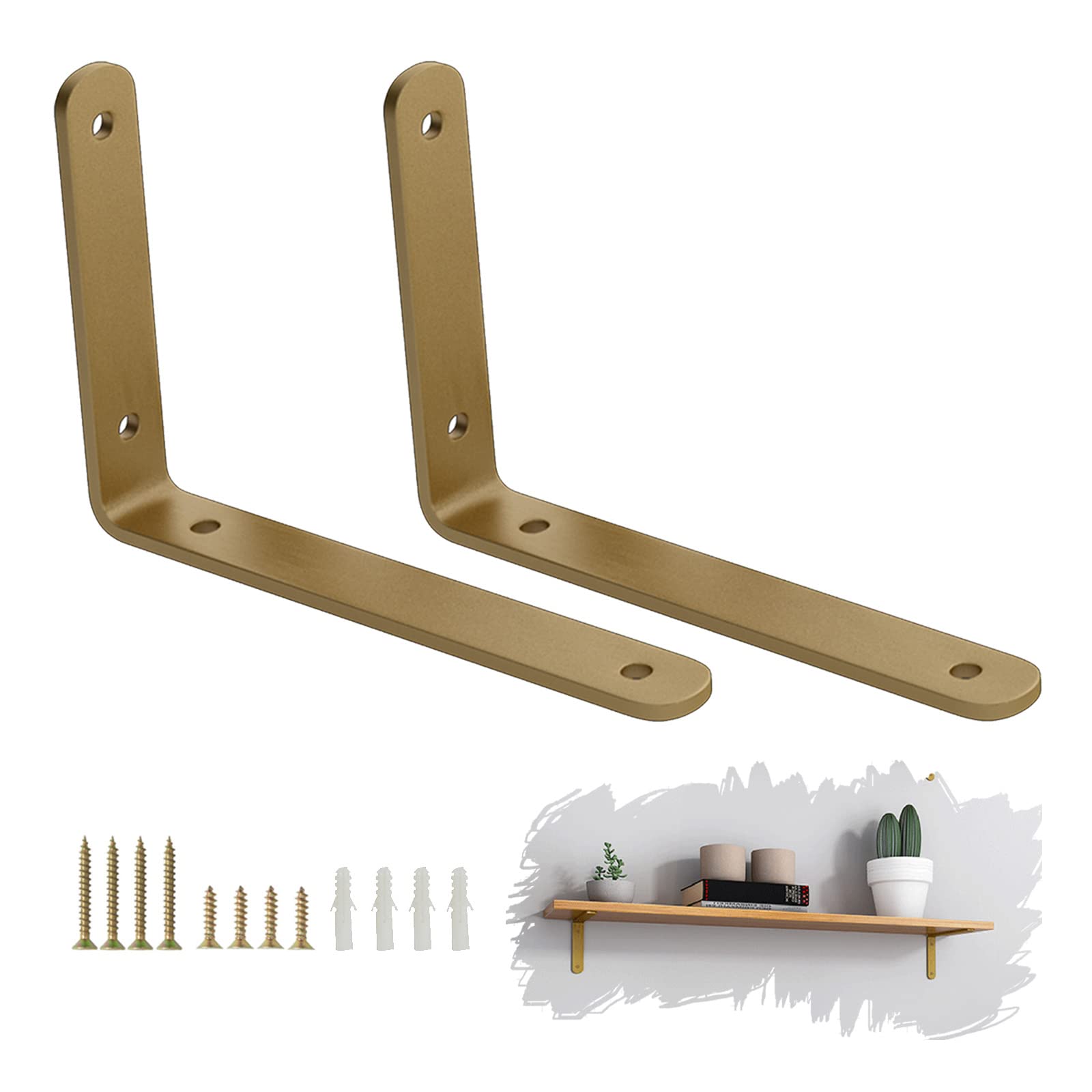 Pxzybd Gold Shelf Brackets And Supports, 2 Pcs L-Shaped Shelf Supporter, Shelving Brackets For Walls, Brackets For Floating Shelves, Angle Brackets, Decoration/Space Saving,-10×8Cm(3.9×3.1In)