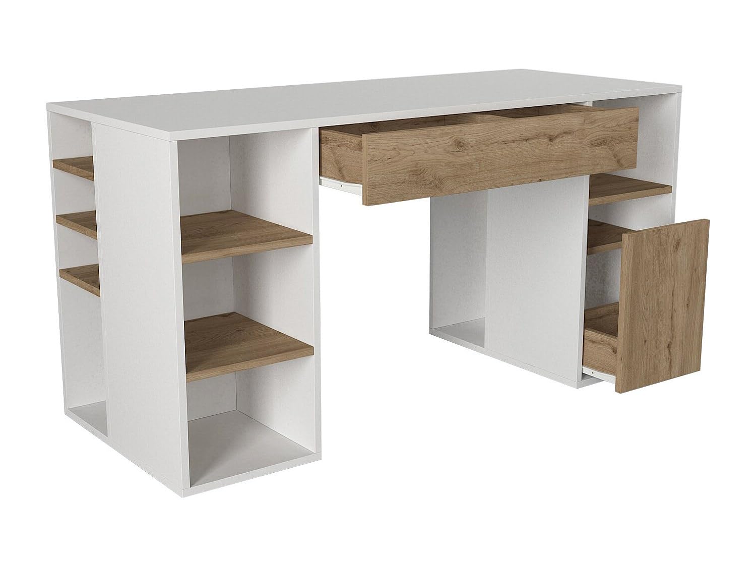 Vente-unique - Bureau avec rangements - Blanc et Naturel - MELAVA