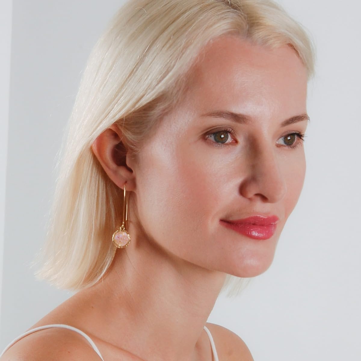 Simulated Druzy Threader Drop Earrings for Women - Gold, Silver, or Rose Gold Tone Trendy Boho Dangles with Sparkly Round Stone - Image 2