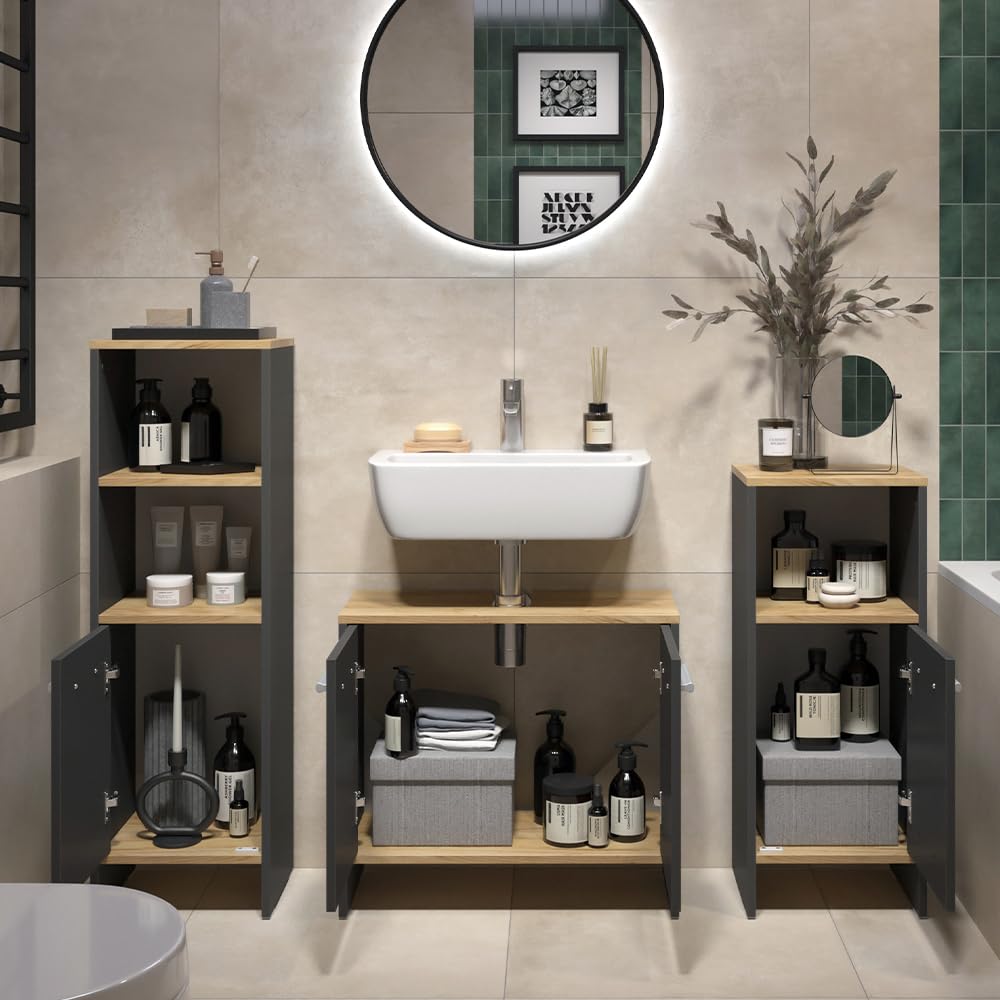 Vicco Set di mobili da bagno Karli, Antracite/Rovere dorato, 131.4 cm, composto da mobile sottolavabo, specchiera e colonna alta